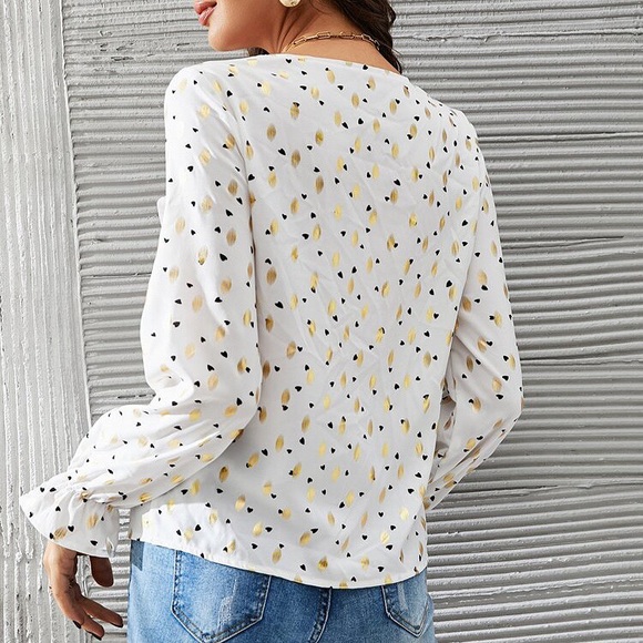 🌟 BOHO WHITE GOLD BLACK HEART RUFFLE BLOUSE! - Picture 6 of 16